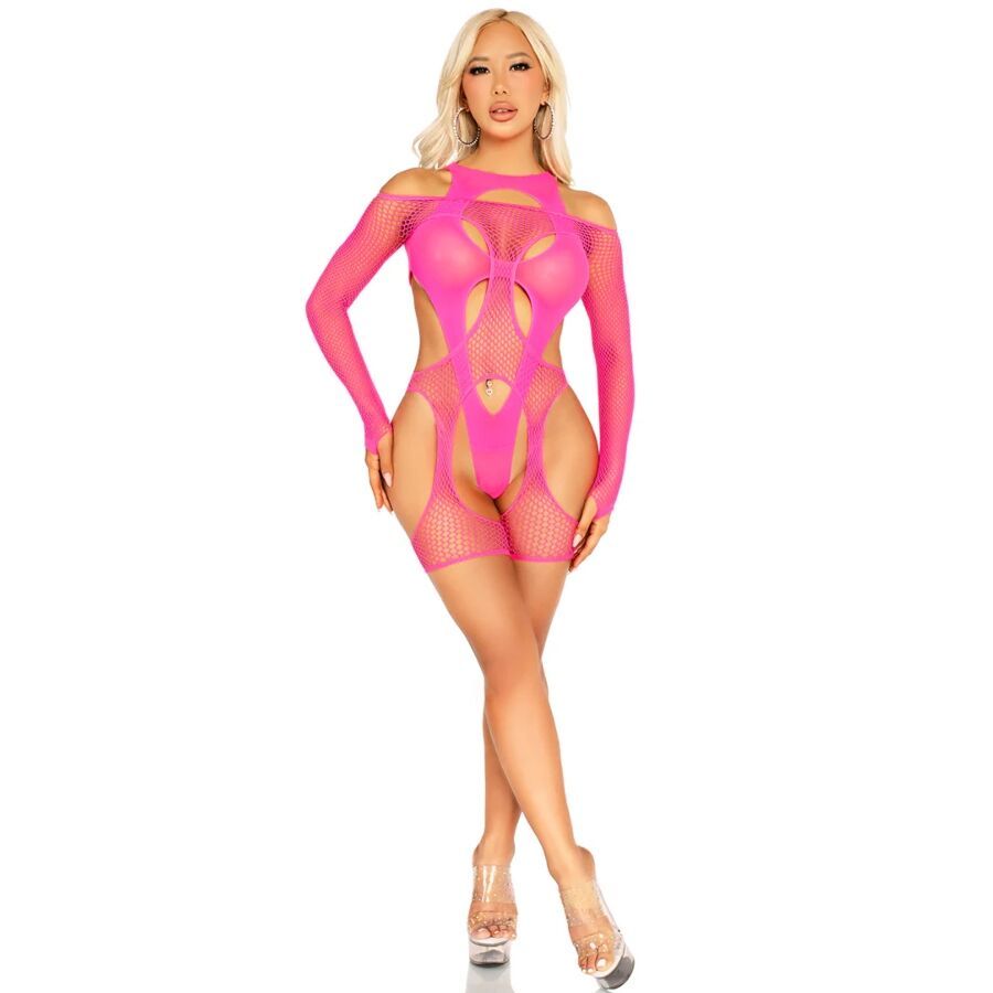 LEG AVENUE - BODYSTOCKING A RETE CON CINTURA E IMBRACATURA ROSA NEON LEG AVENUE TEDDIES