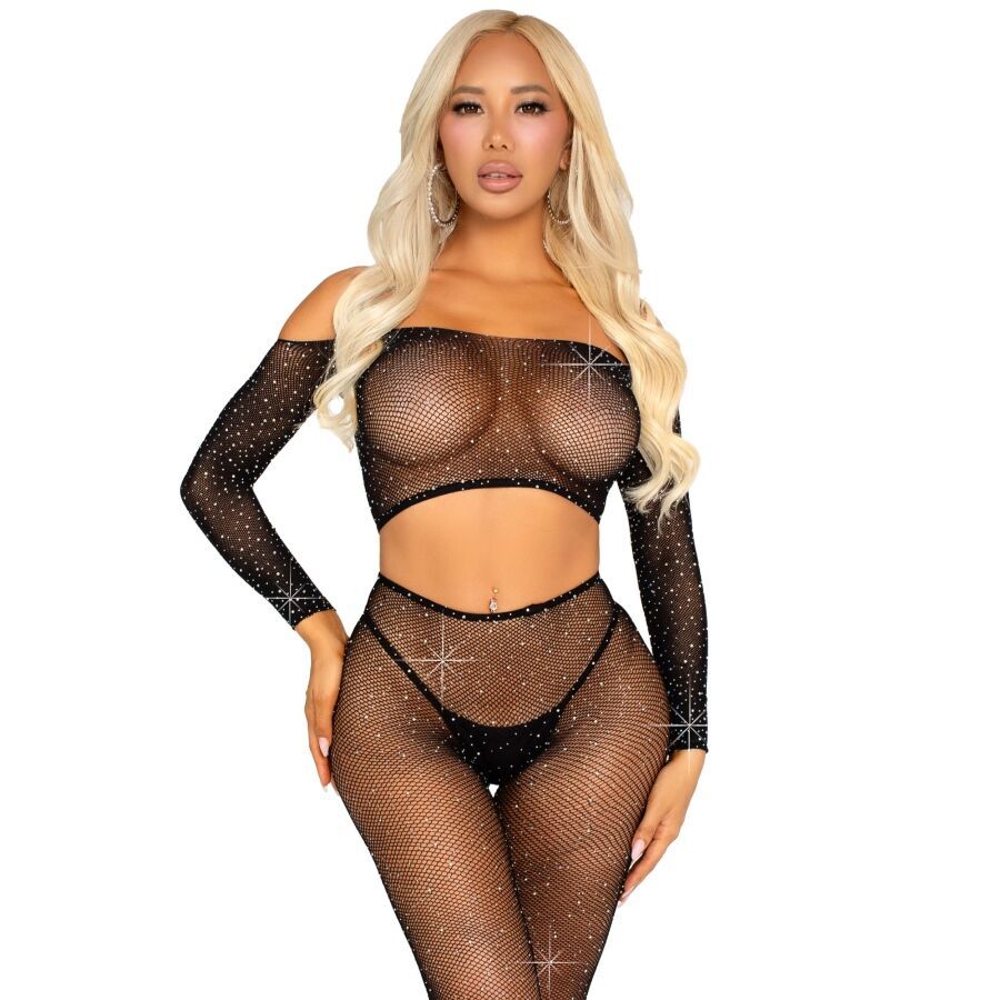 LEG AVENUE - CROP TOP E LEGGING A RETE CON STRASS NERO LEG AVENUE SETS