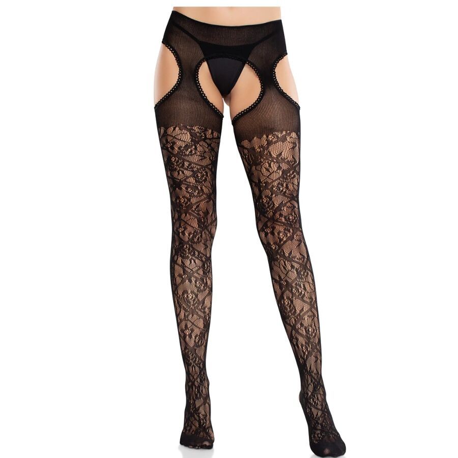 LEG AVENUE - CALZE IN PIZZO FLOREALE CON GIARRETTIERE UNITED BLACK LEG AVENUE HOSIERY