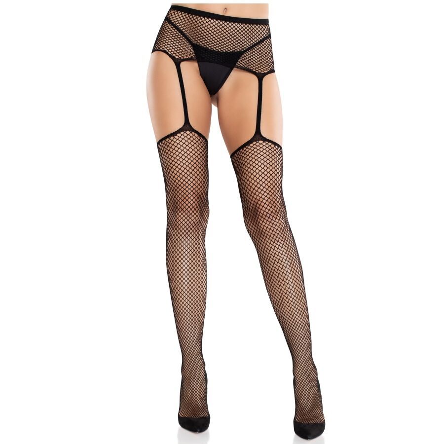 LEG AVENUE - CALZE IN PIZZO CON CROCE E CINTURA REGGICALZE NERE LEG AVENUE HOSIERY