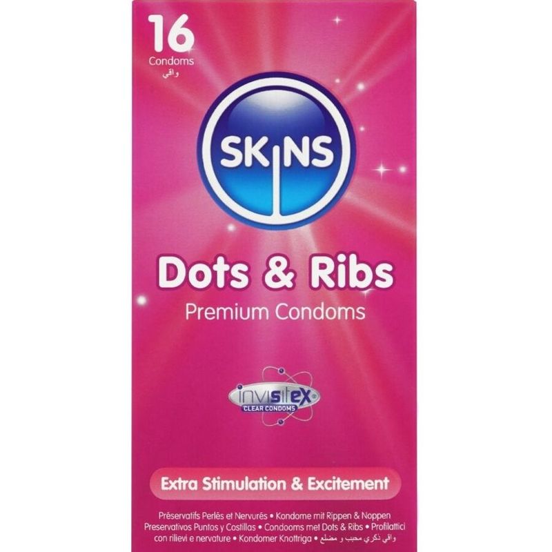 SKINS - DOTS &amp; RIBS PREMIUM CONDOMS CONFEZIONE DA 16 SKINS