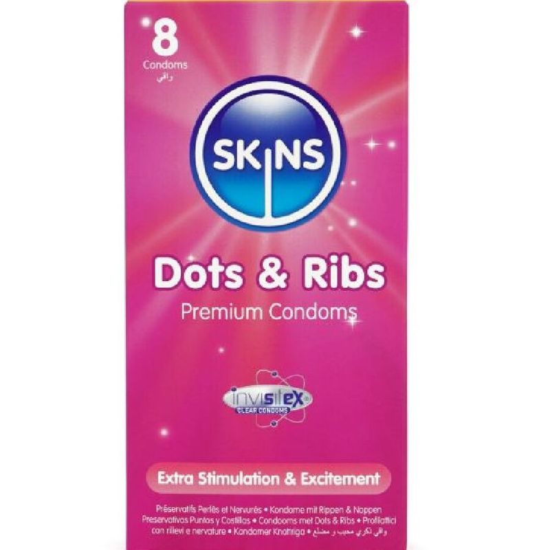 SKINS - DOTS &amp; RIBS PREMIUM CONDOMS CONFEZIONE DA 8 SKINS
