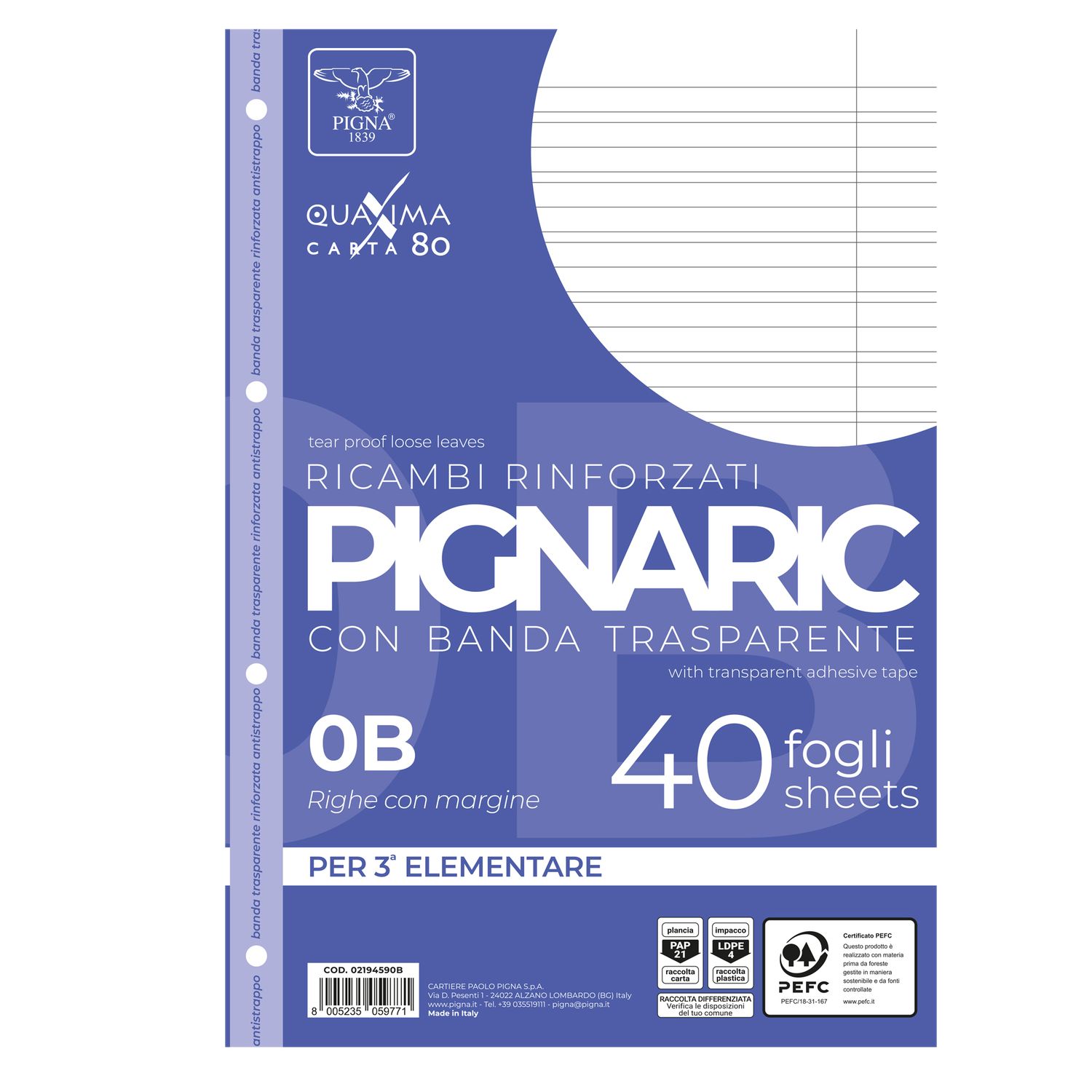 Ricambi forati rinforzati Pignaric - A4 - rigo di 3a - 80gr - Pigna - conf. 40 pezzi PIGNA