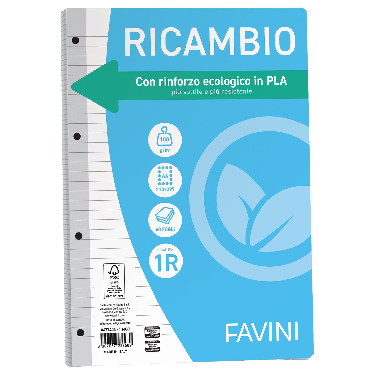 Ricambi forati riforzati ecologico - A4 - 1 rigo - 100 gr - Favini - conf. 40 pezzi FAVINI