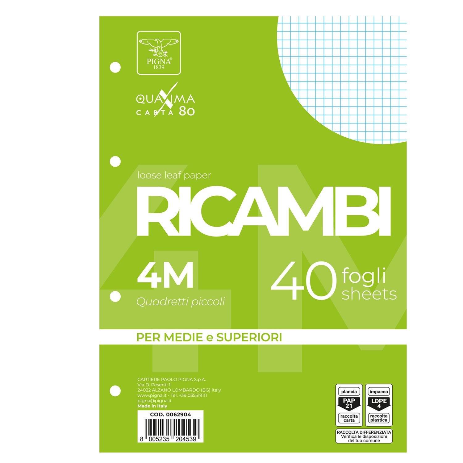 Ricambi forati Quaxima - A4 - 4 mm - 80 gr - Pigna - conf. 40 pezzi PIGNA