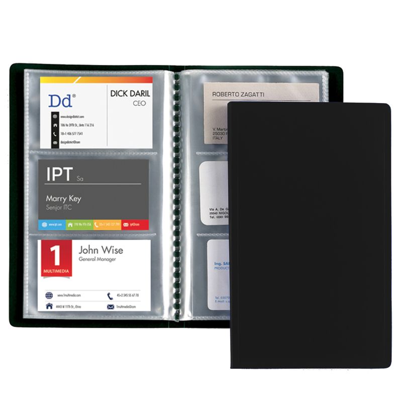 Porta biglietti da visita - 20 buste con 3 tasche ciascuna - 12,5x20,5 cm - nero - Favorit FAVORIT