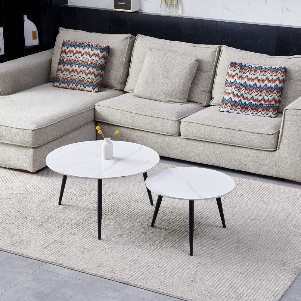 Set 2 tavolini da salotto Bicolor con piano in ceramica effetto marmo bianco lucido e gambe nere Effezeta