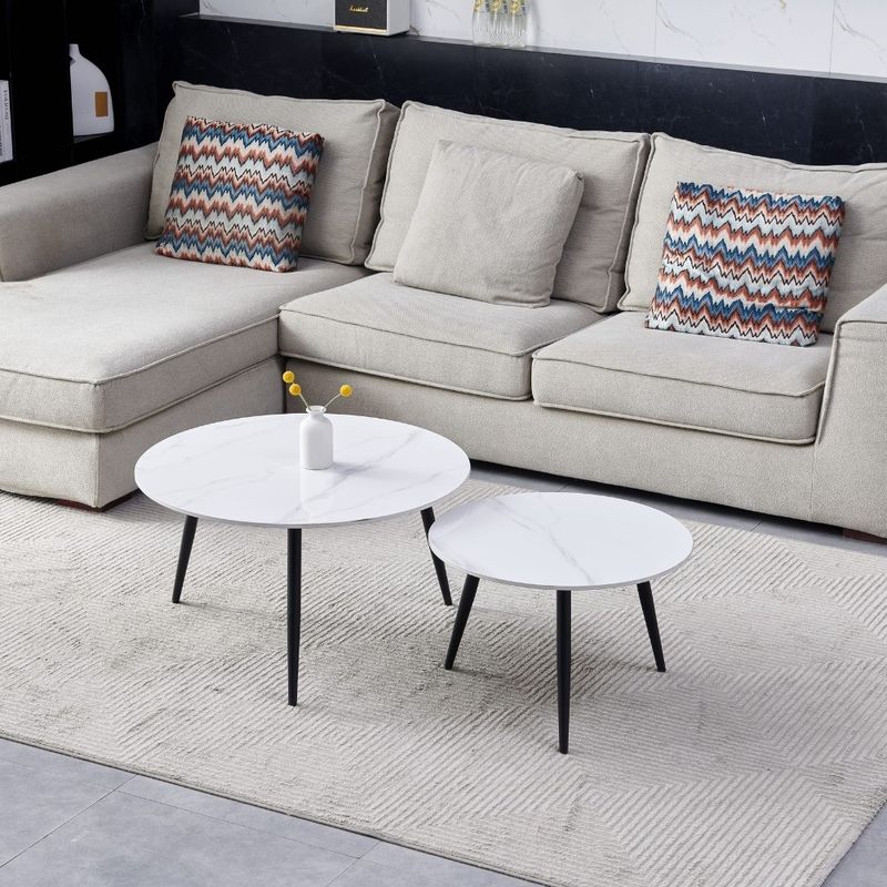 Set 2 tavolini da salotto Bicolor con piano in ceramica effetto marmo bianco lucido e gambe nere Effezeta