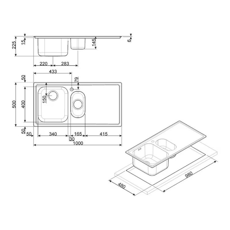 Lavello Smeg LL102S2 semifilo 100x50 cm 1+1/2 vasca con gocciolatoio sinistro inox Effezeta