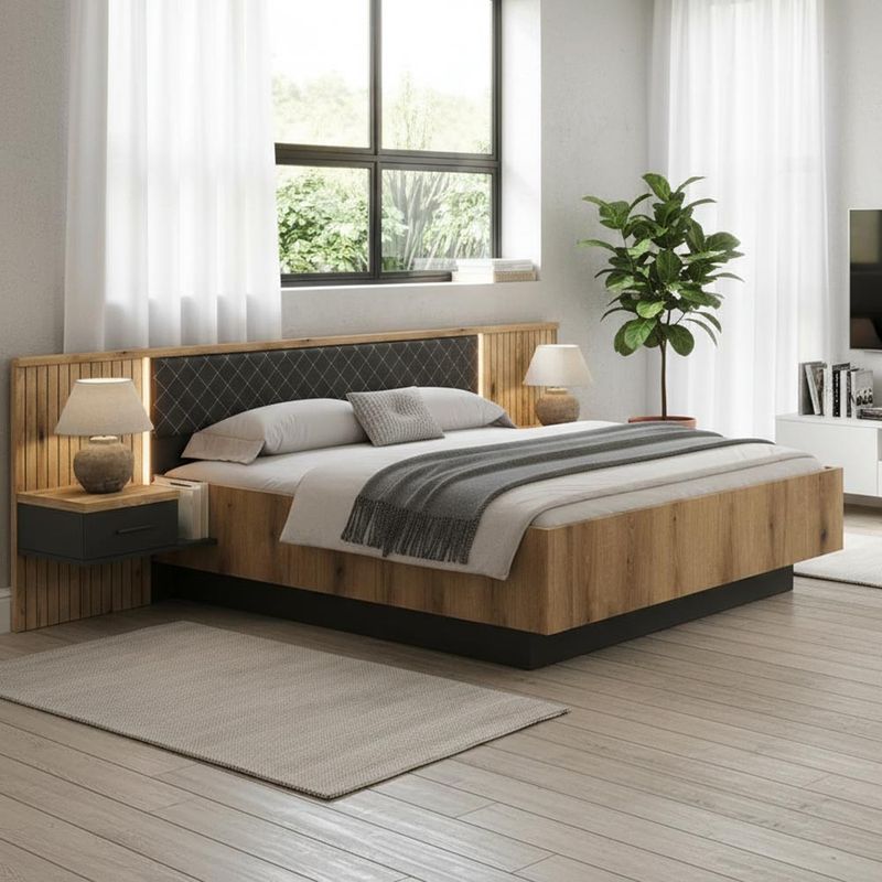 Struttura letto matrimoniale Esteban296 con testiera a boiserie dogata con luci LED e comodini integrati in rovere e antracite Effezeta Struttura letto matrimoniale Esteban296 con testiera a boiserie dogata con luci LED e comodini integrati in rovere e antracite Effezeta