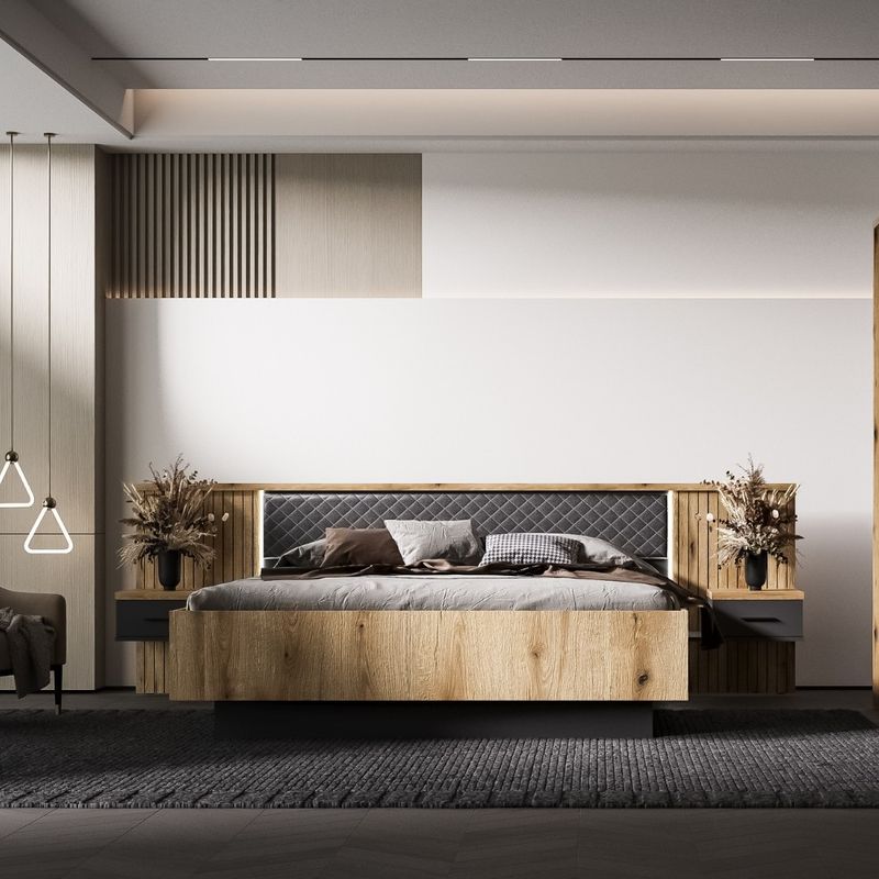 Struttura letto matrimoniale Esteban296 con testiera a boiserie dogata con luci LED e comodini integrati in rovere e antracite Effezeta