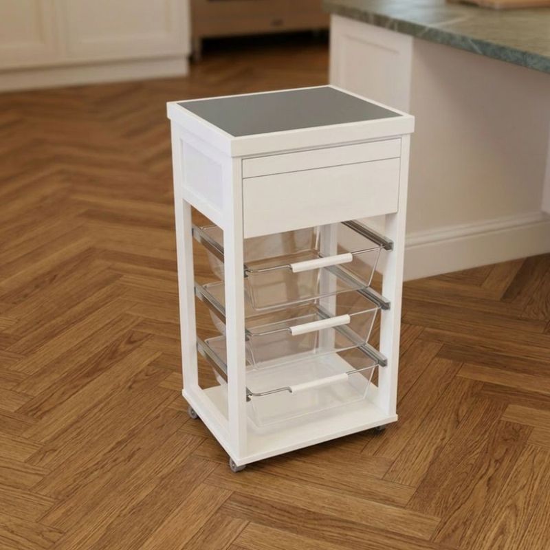 Carrello Dolly in faggio massello colore bianco con cesti estraibili in acrilico trasparente Effezeta