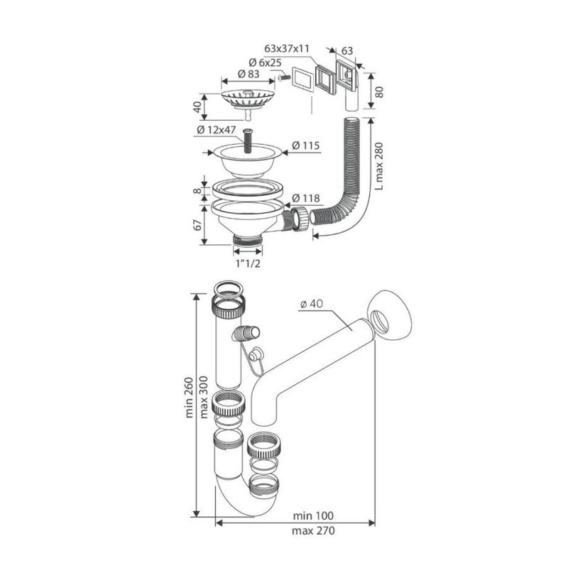 Sifone a 1 via per lavelli in quarzo con pilettone eco e troppo pieno rettangole con griglia inox Effezeta