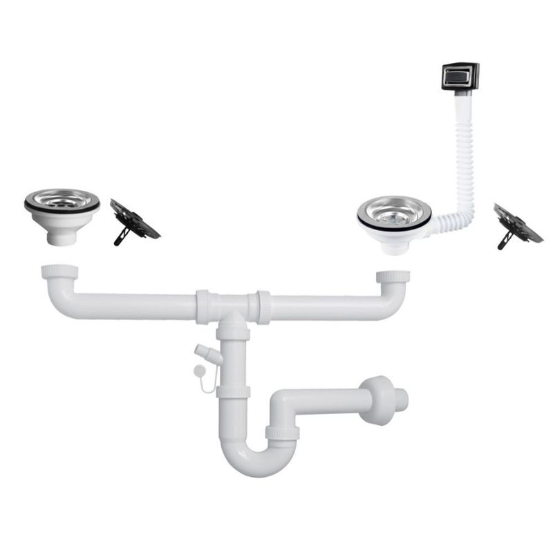 Sifone a 2 vie per lavelli in quarzo con pilettone eco e troppopieno rettangolare con griglia inox Effezeta