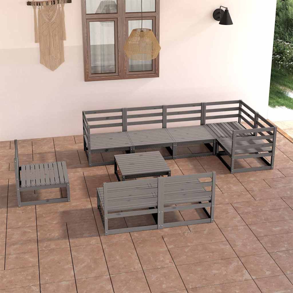 Set Divani da Giardino 9 pz Grigio in Legno Massello di Pino vidaXL