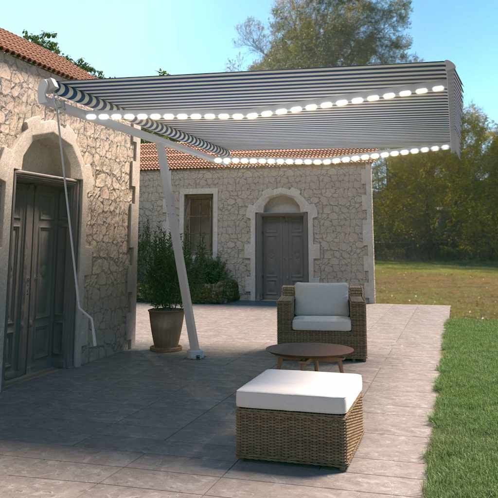 Tenda da Sole Retrattile Manuale LED 500x350 cm Blu e Bianca vidaXL