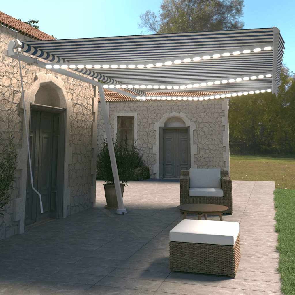 Tenda da Sole Retrattile Manuale con LED 600x350 cm Blu Bianco vidaXL