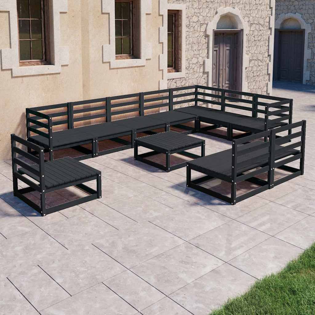 Set Divani da Giardino 11 pz Nero in Legno Massello di Pino vidaXL