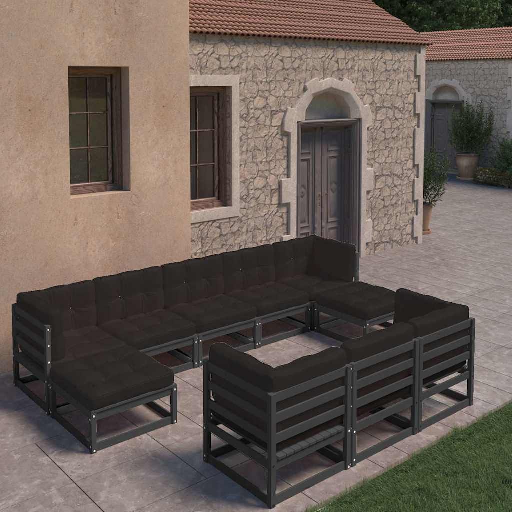 Set Divani da Giardino 10 pz con Cuscini Massello di Pino Nero vidaXL