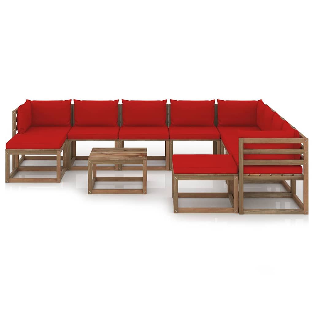 Set Divani da Giardino 11 pz con Cuscini Rossi vidaXL