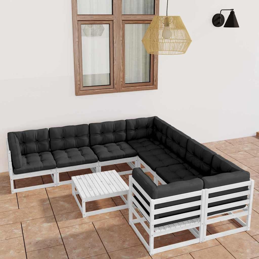 Set Divani da Giardino 9 pz con Cuscini Massello di Pino Bianco vidaXL