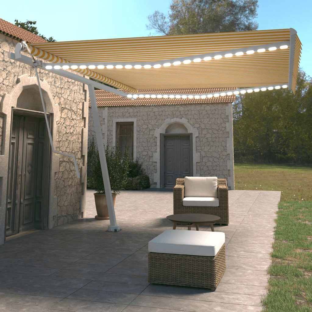 Tenda Automatica Sensore Vento e LED 450x350 cm Gialla Bianca vidaXL