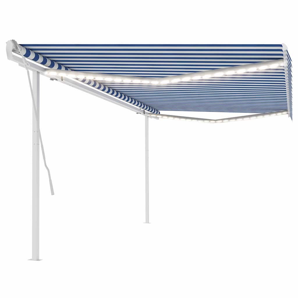 Tenda da Sole Retrattile Manuale con LED 5x3 m Blu e Bianca vidaXL