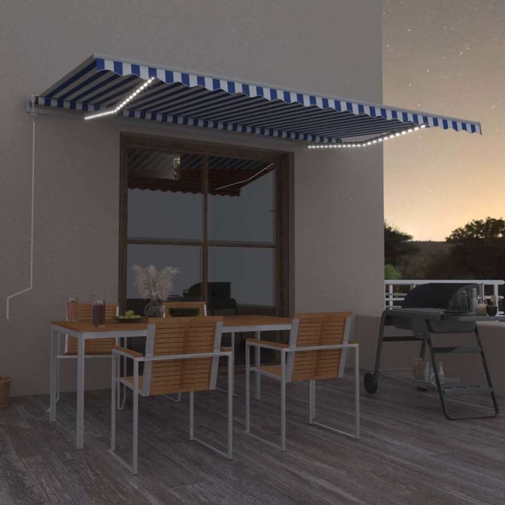 Tenda Automatica Sensore Vento e LED 500x300 cm Blu Bianca vidaXL