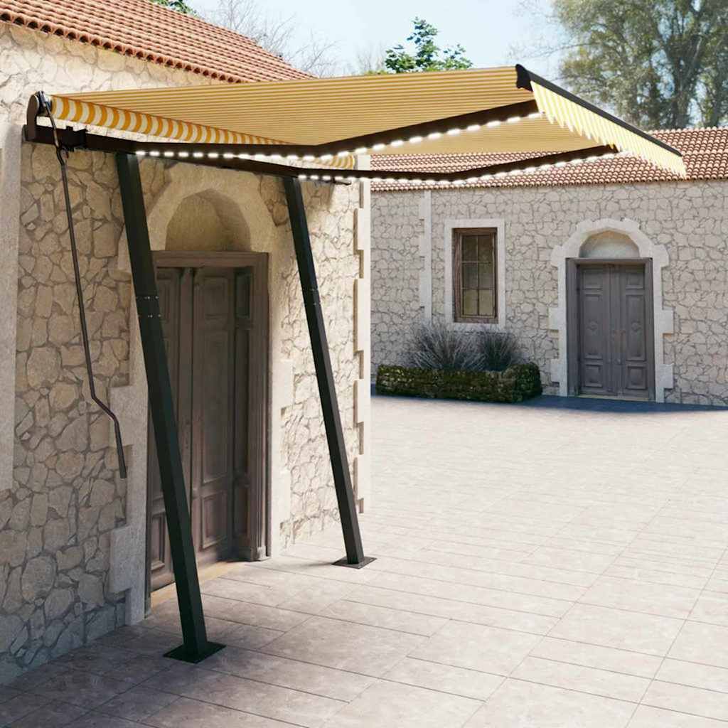 Tenda da Sole Retrattile Manuale con LED 3,5x2,5m Gialla Bianca vidaXL