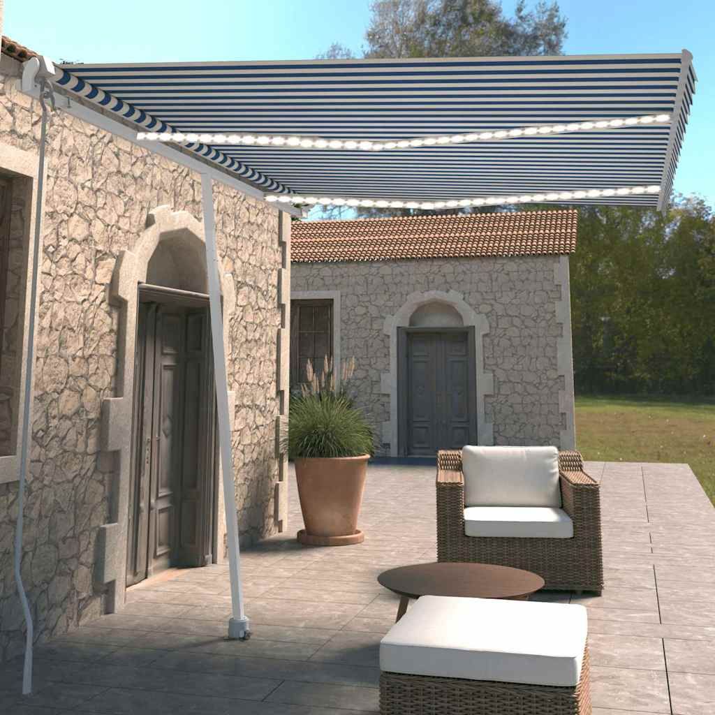 Tenda da Sole Retrattile Manuale con LED 350x250cm Blu e Bianco vidaXL