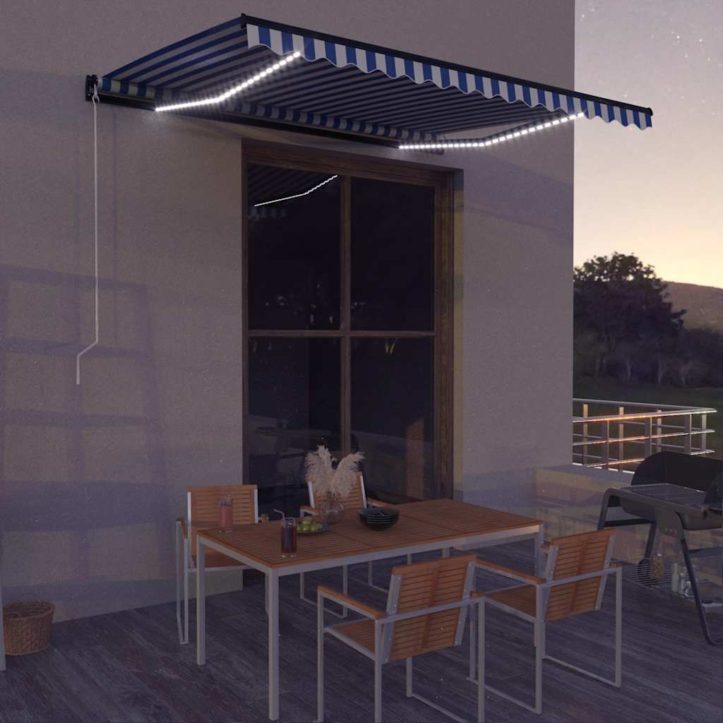Tenda da Sole Retrattile Manuale e LED 400x300cm Blu e Bianco vidaXL