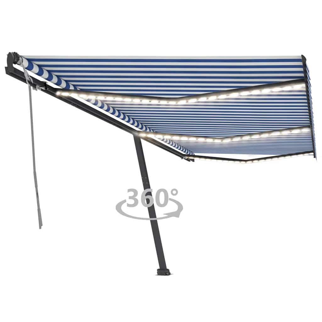 Tenda da Sole Retrattile Manuale con LED 600x300cm Blu e Bianco vidaXL