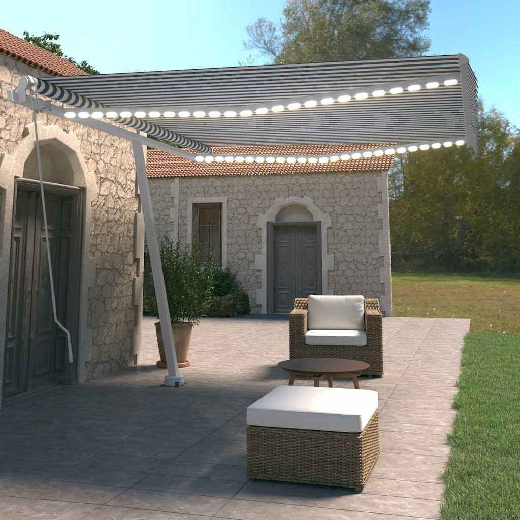 Tenda da Sole Retrattile Manuale con LED 400x350 cm Blu Bianco vidaXL