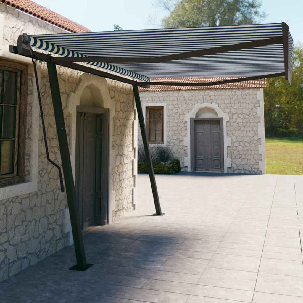 Tenda da Sole Retrattile Manuale con Pali 4,5x3 m Blu e Bianca vidaXL