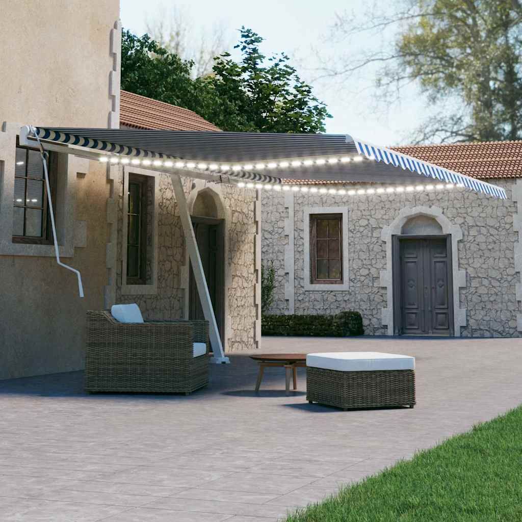 Tenda da Sole Retrattile Manuale con LED 600x300cm Blu e Bianco vidaXL