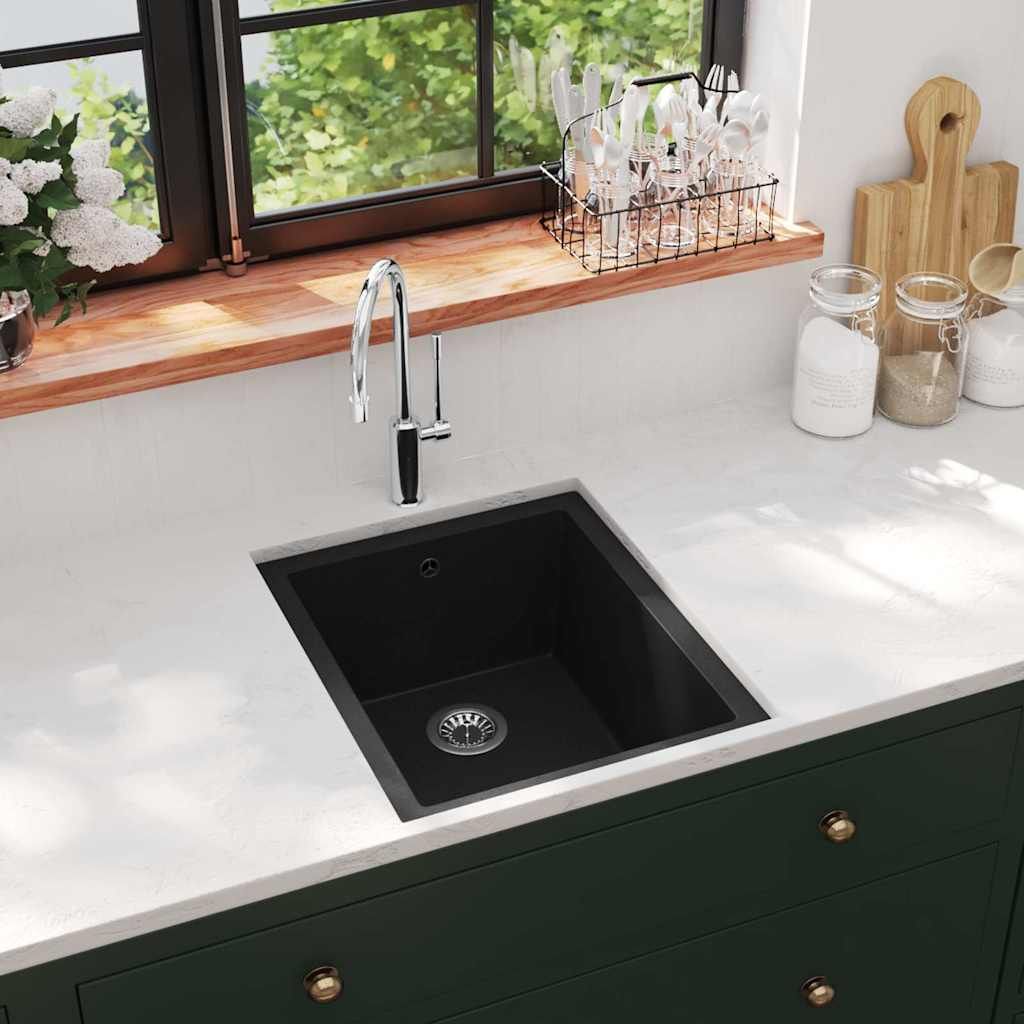 Lavello da Cucina con Foro Troppopieno Nero in Granito vidaXL