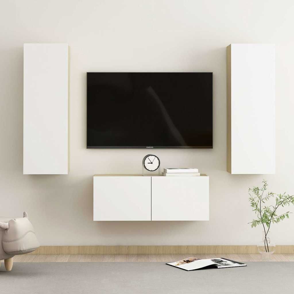 Set Mobili TV 3 pz Bianco e Rovere Sonoma in Legno Multistrato vidaXL