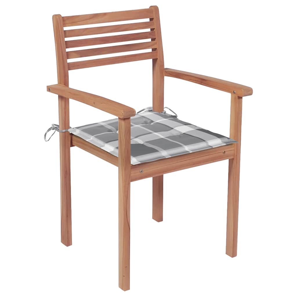 Sedie Giardino 2 pz con Cuscino Grigio a Quadri Legno di Teak vidaXL