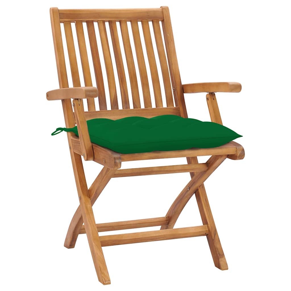 Sedie pieghevoli, 2 pezzi, con cuscini verdi, in legno massello di teak. vidaXL
