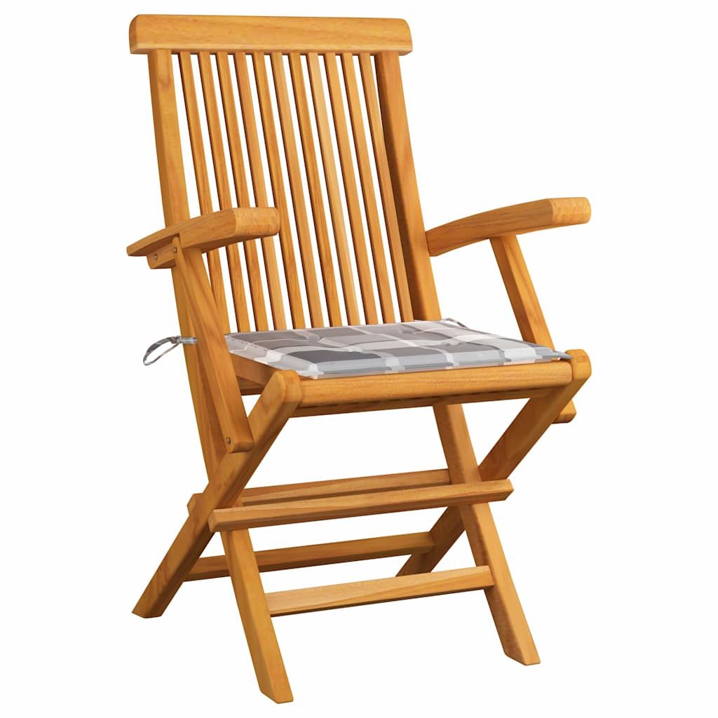 Sedie pieghevoli con cuscini a quadri grigi, 4 pezzi, in legno massello di teak. vidaXL
