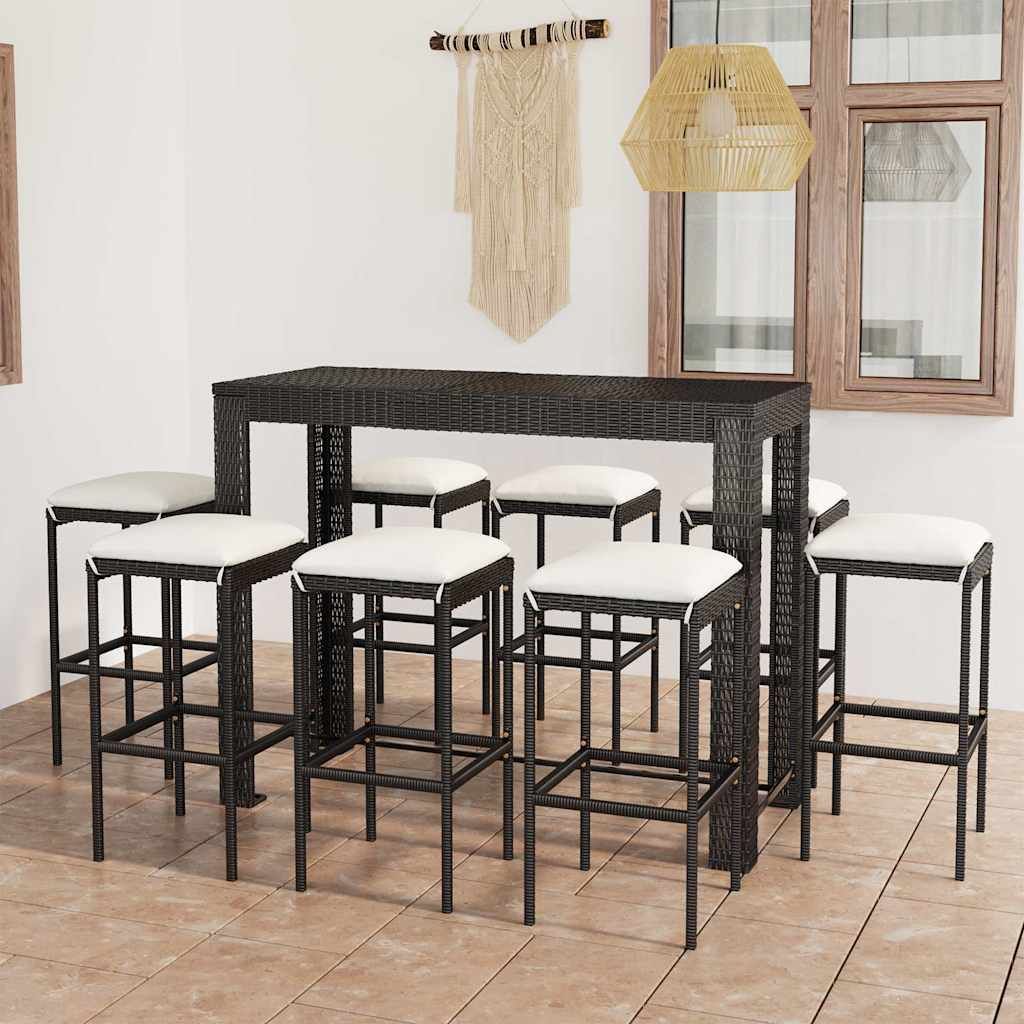 Set da Bar da Giardino 9 pz con Cuscini in Polyrattan Nero vidaXL
