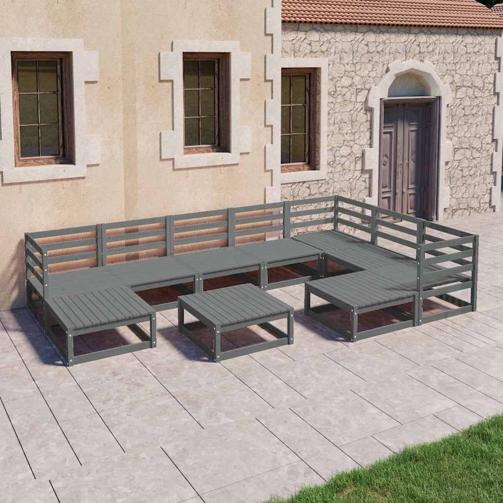 Set Divani da Giardino 10 pz Grigi in Legno Massello di Pino vidaXL