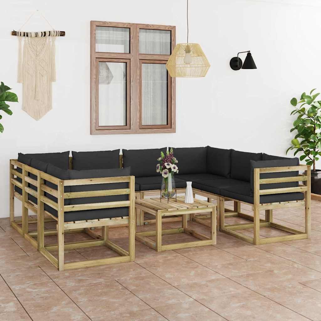 Set Salotto Giardino con Cuscini 9 pz in Pino Impregnato vidaXL
