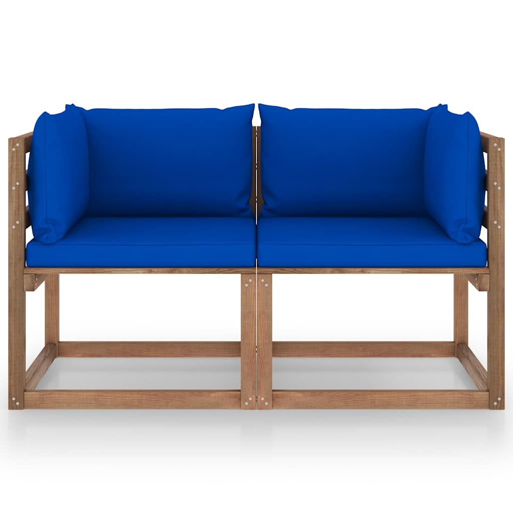 Divano da Giardino Pallet 2 Posti con Cuscini Blu Legno di Pino vidaXL