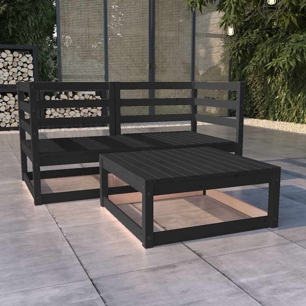 Set Divani da Giardino 3 pz Nero in Legno Massello di Pino vidaXL