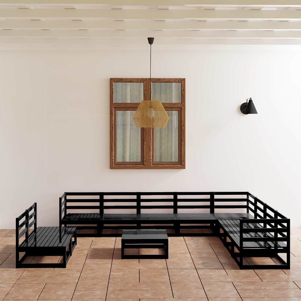 Set Divani da Giardino 11 pz Nero in Legno Massello di Pino vidaXL