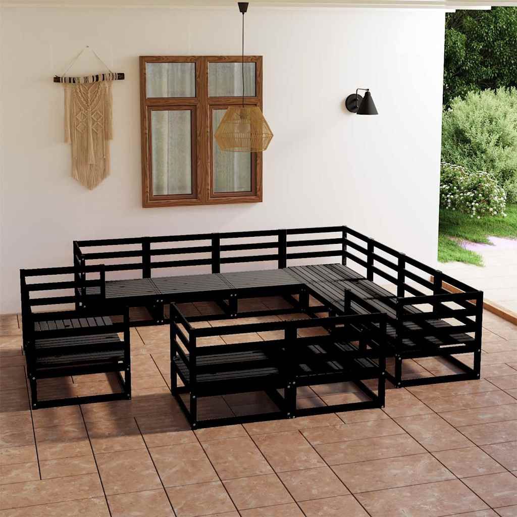 Set Divani da Giardino 11 pz Nero in Legno Massello di Pino vidaXL