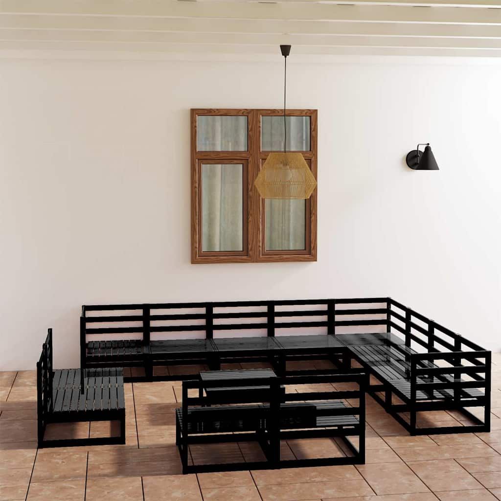 Set Divani da Giardino 13 pz Nero in Legno Massello di Pino vidaXL