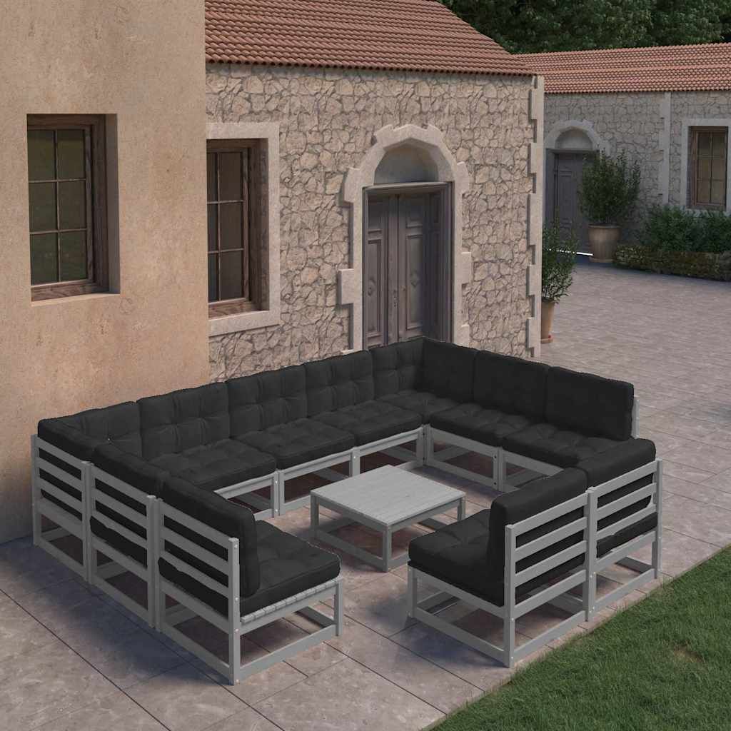 Set Divani da Giardino 10pz con Cuscini Grigio Massello di Pino vidaXL