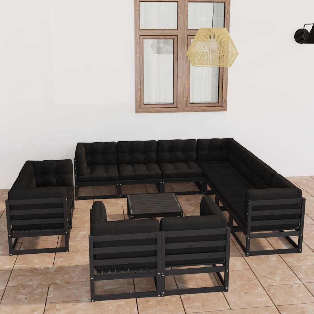 Set Divani da Giardino 12 pz con Cuscini Massello di Pino Nero vidaXL